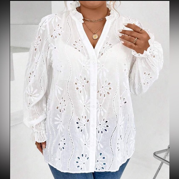 Boho Plus Size Embroidered Hollow Out Frilled Top Blouse Button Up Shirt Black - Picture 10 of 13